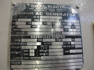 GENERATOR, ELECTRIC TYPE, 4700K WATT, 778 AMP, 4360 VOLT, EMERGENCY DIESEL 900 RPM KIND. TYPE SAB FRAME 21520-44 CONTINUOUS DUTY TWO BEARING HORIZONTAL SYNCHRONOUS INCLUDES TYPE FRBA BRUSHLESS EXCITERS (W-50) LOADING & HANDLING FEE $1000-